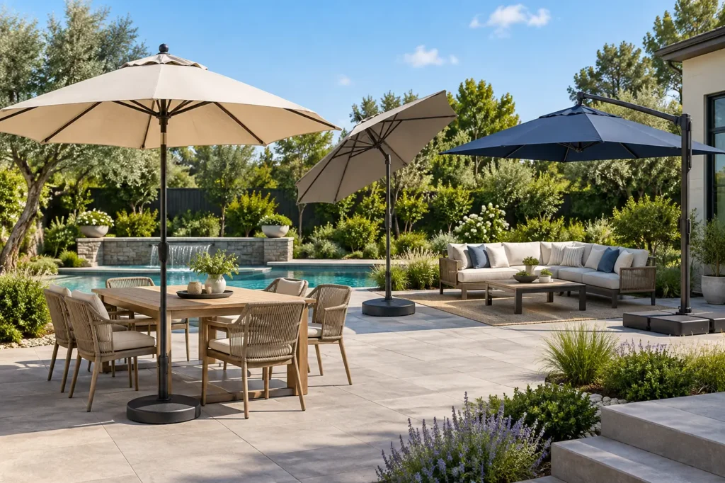 Market, tilt and cantilever patio umbrellas open over dining and lounge areas with weighted bases