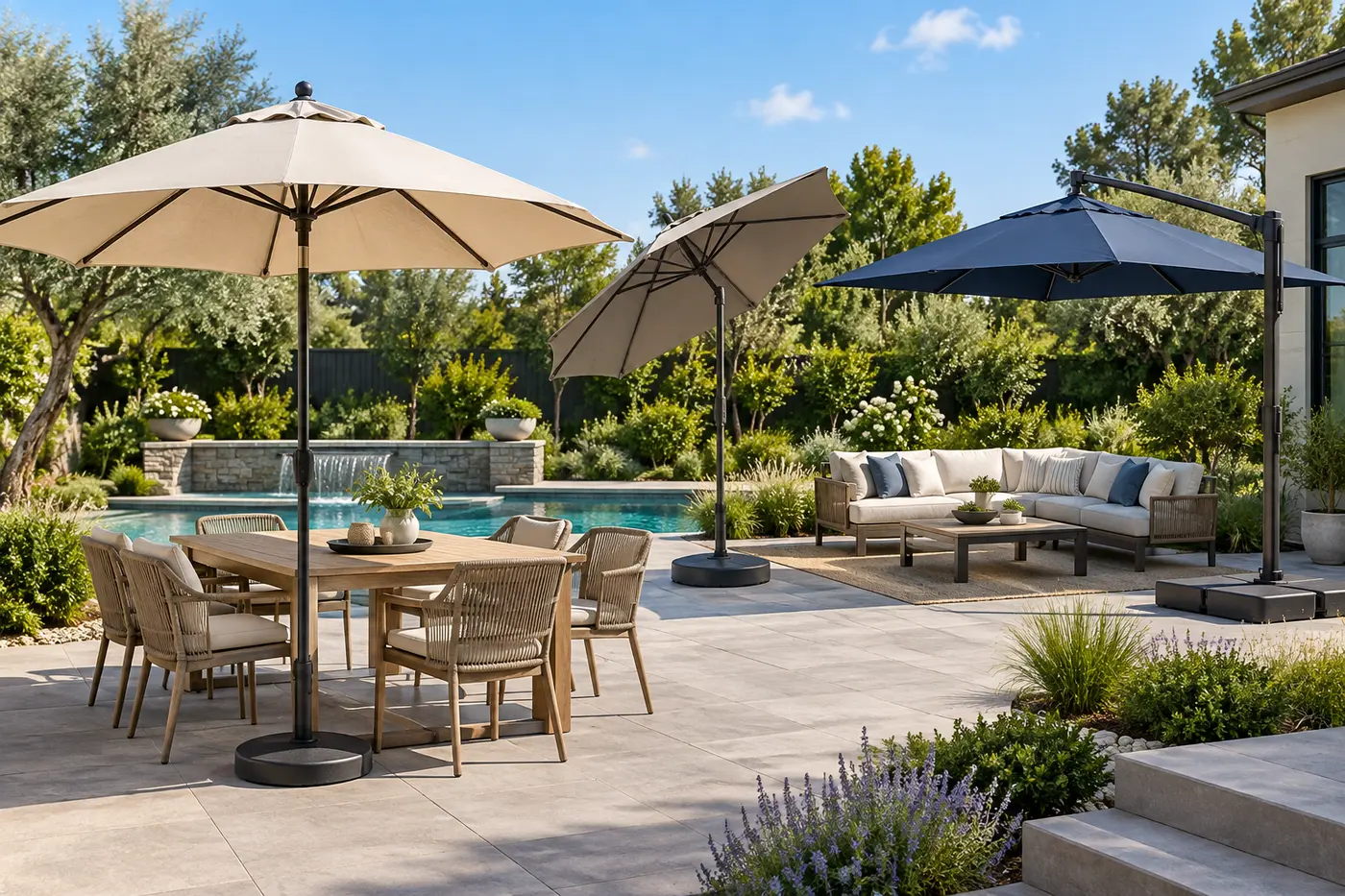 Market, tilt and cantilever patio umbrellas open over dining and lounge areas with weighted bases