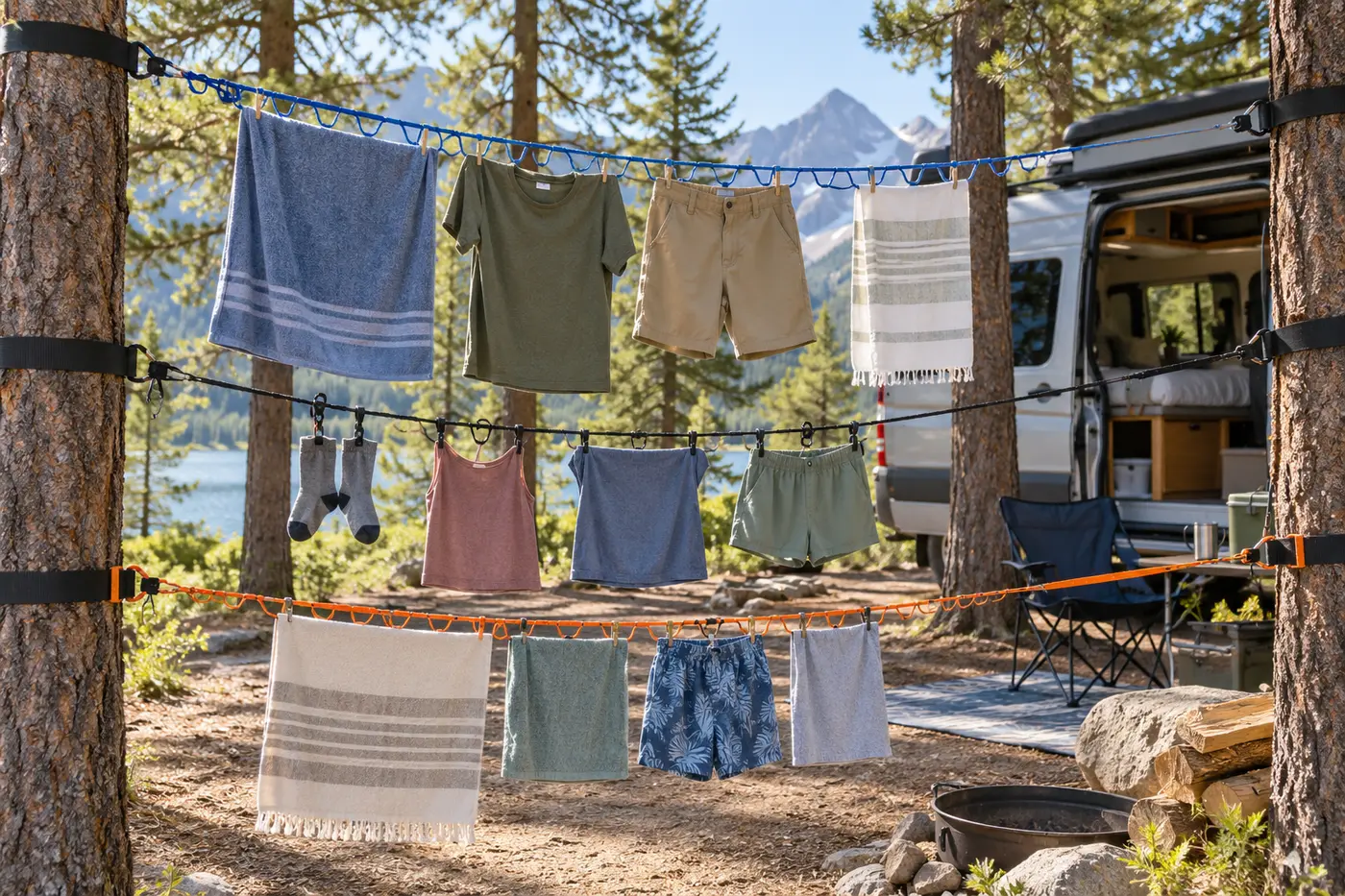 Portable travel clotheslines with towels and lightweight clothing drying at an organized forest campsite