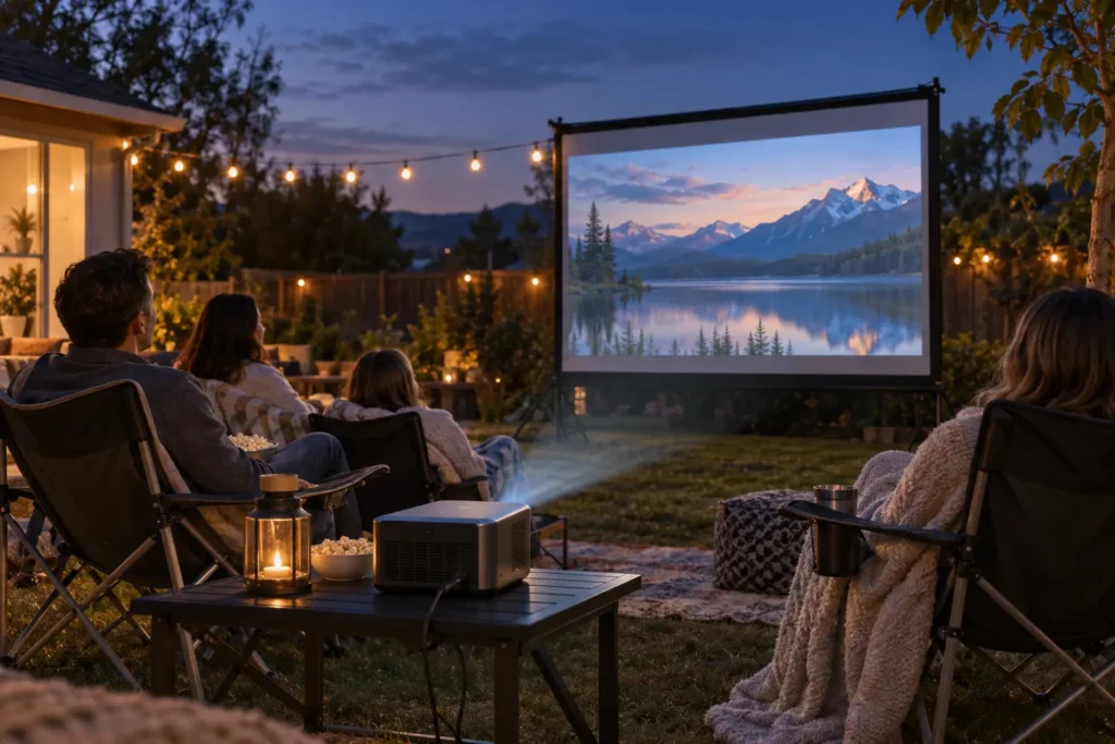 Portable projector casting a movie onto an outdoor screen during a backyard movie night