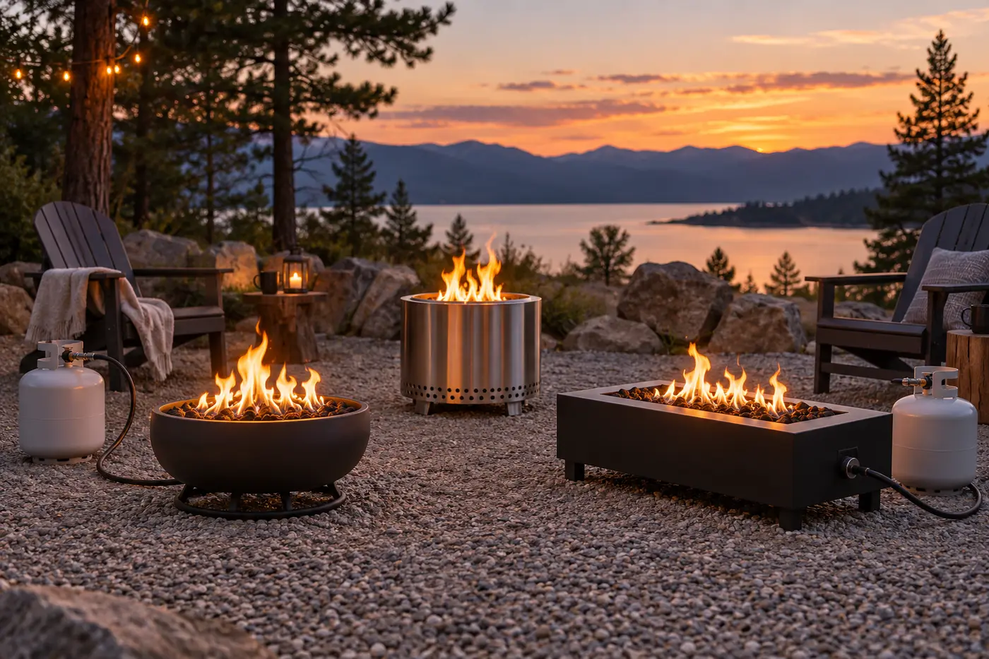 Best Portable Propane Fire Pits for Campsites and Patios Portable propane fire pits with fuel cylinders positioned safely on an open gravel campsite at sunset