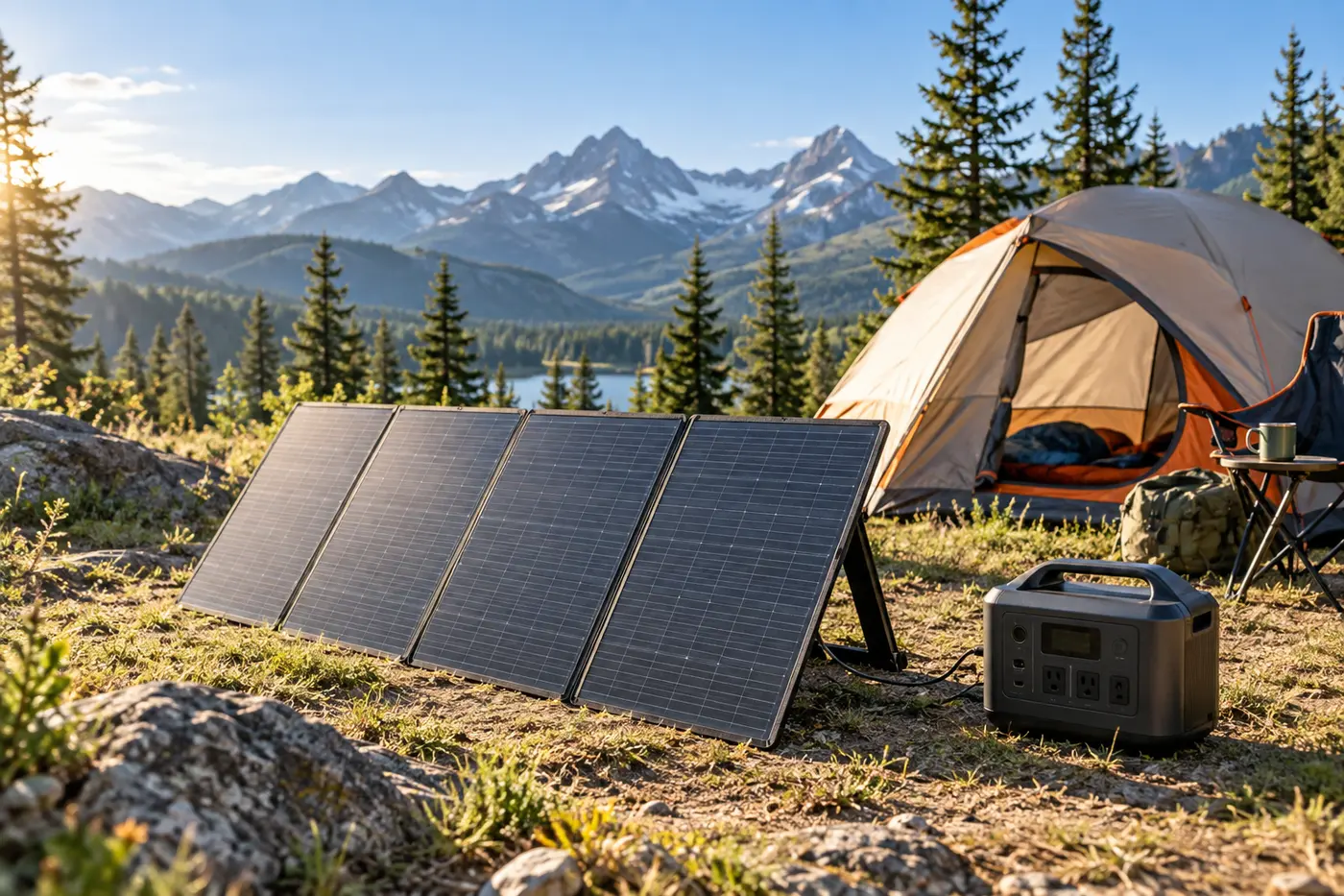 Best Portable Solar Panels for Camping and Off-Grid Charging Folding portable solar panels charging a power station beside a tent in morning sun