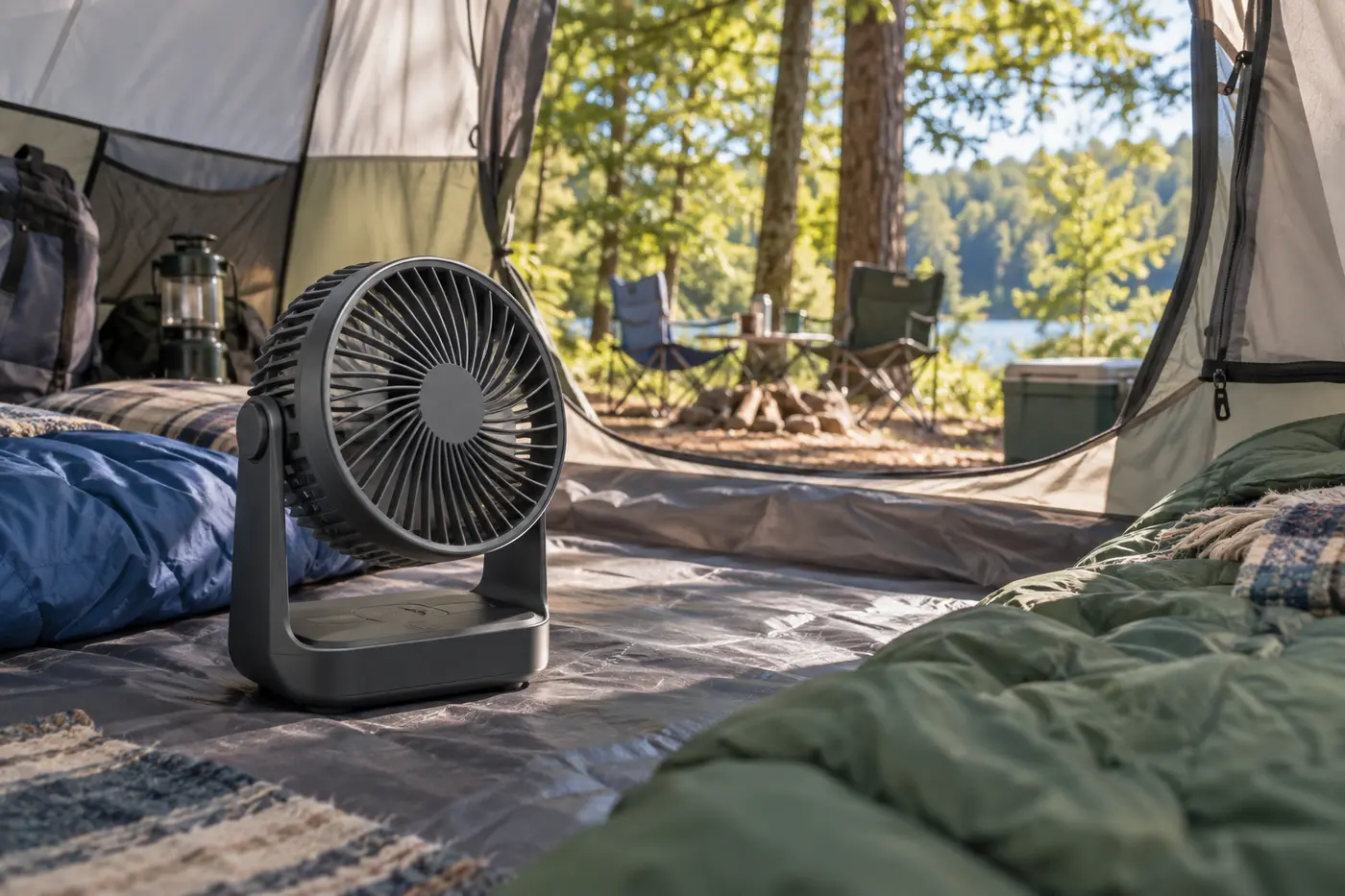 Rechargeable camping fan inside an open tent at a shaded summer campsite