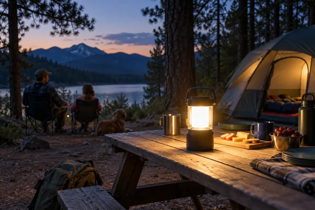 Best Rechargeable Camping Lanterns for Campsites and Power Outages Rechargeable camping lantern lighting a picnic table beside a tent at dusk