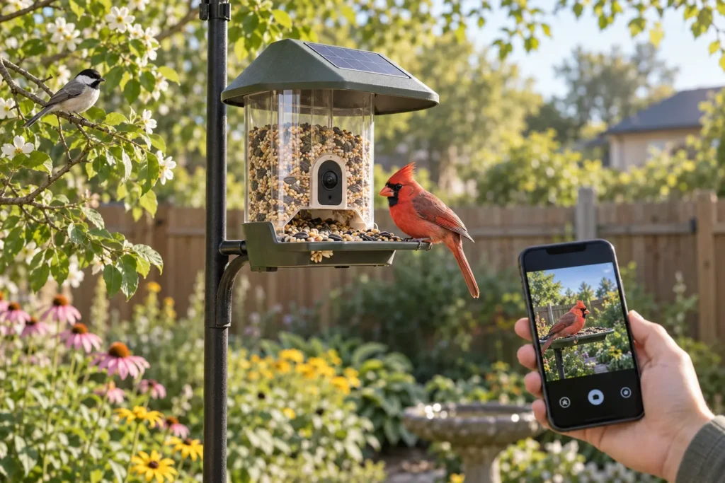 Best Smart Bird Feeders With Cameras for Backyard Birdwatching Smart bird feeder camera capturing a northern cardinal in a sunny backyard garden