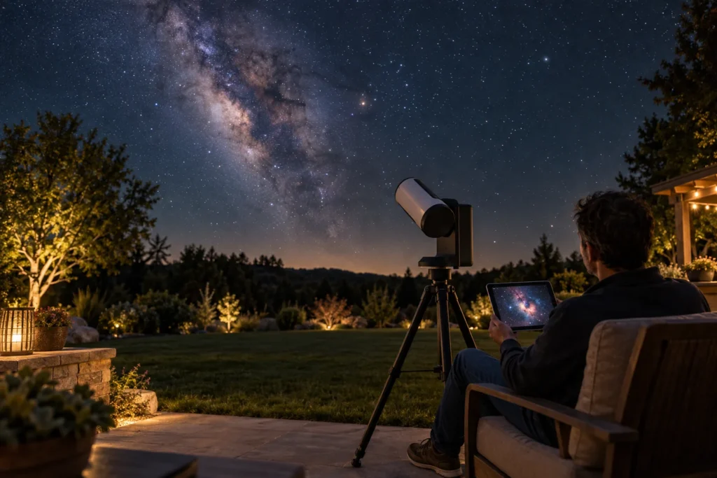 Smart telescope on a tripod photographing the Milky Way while a homeowner watches from a backyard chair