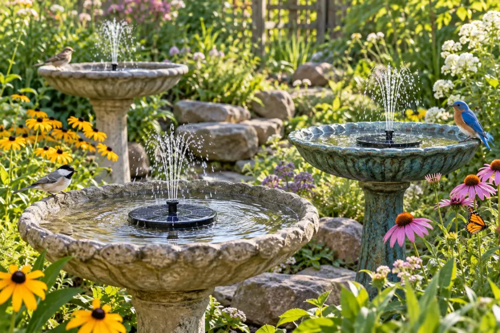 Solar fountain inserts creating gentle water movement in shallow bird baths within a pollinator-friendly garden