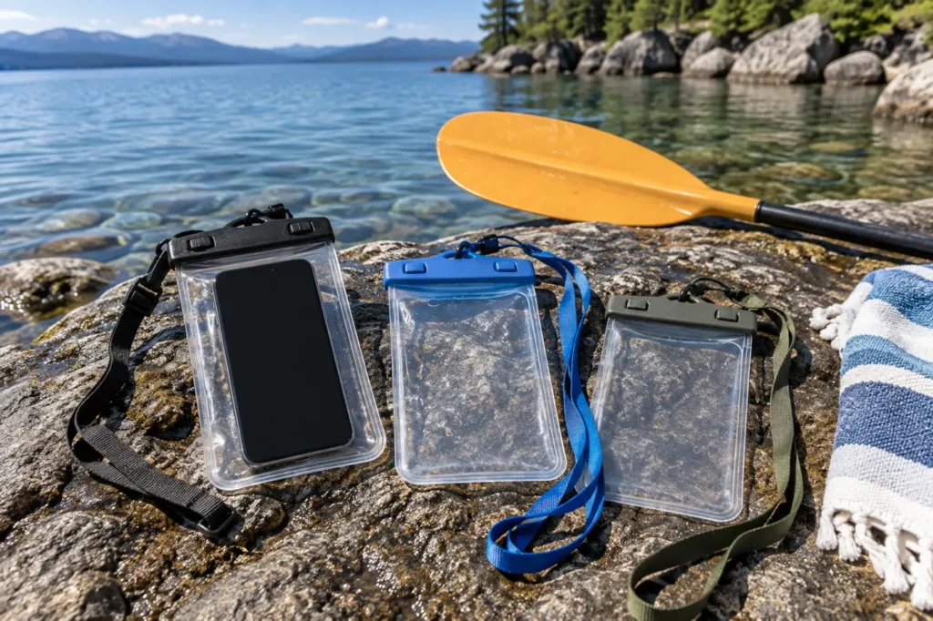 Best Waterproof Phone Pouches for Beaches and Paddling Clear waterproof phone pouches with secure lanyards beside a kayak paddle on a rocky lake shore