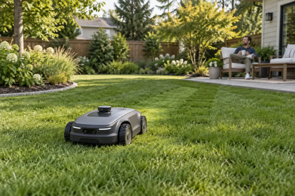 Best Wire-Free Robot Lawn Mowers for Effortless Yard Care Wire-free robotic lawn mower cutting grass in a landscaped backyard while the homeowner relaxes