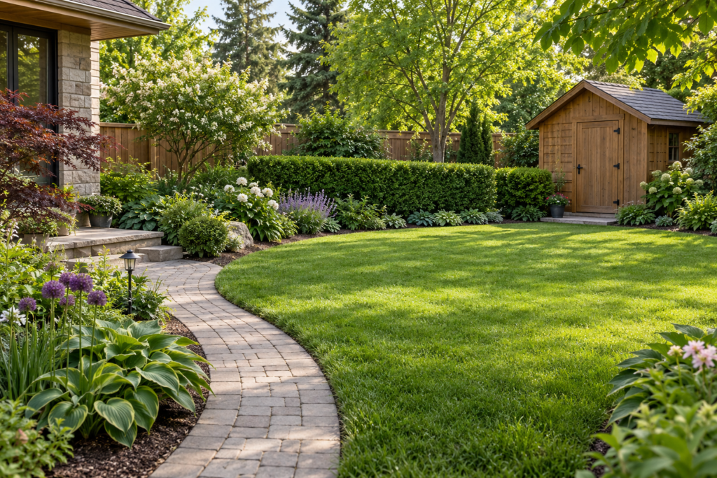 A lawn, trimmed hedge and garden path beside a backyard shed