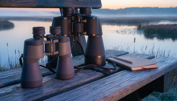 8x32 vs 10x42 Binoculars for Birdwatching and Day Hikes Compact and full-sized binoculars overlooking a marsh