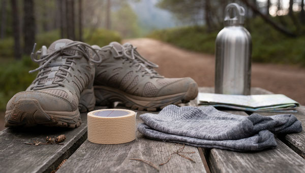 Blister Tape vs Toe Socks for Hiking: Which Prevents Hot Spots? Toe socks and blister prevention tape beside trail shoes
