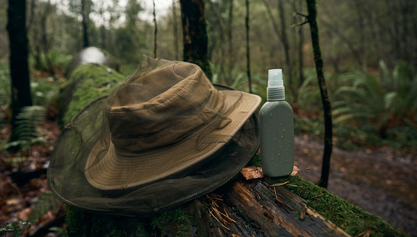 Mosquito Head Net vs Insect Repellent for Hiking Mosquito head net on hiking hat beside insect repellent
