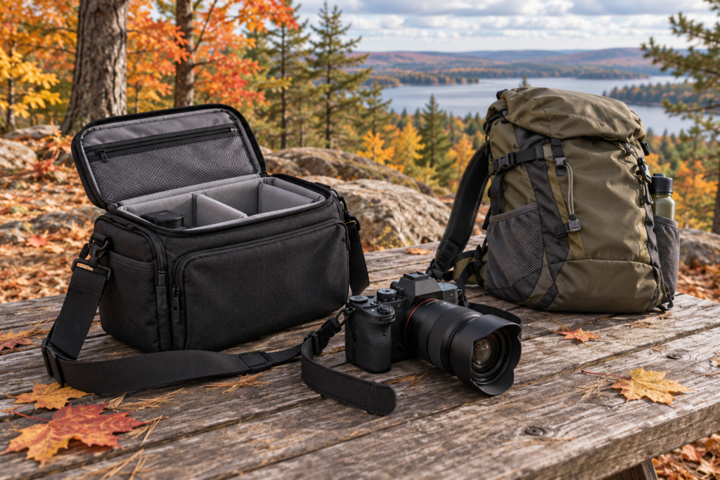 Backpack Camera Clip vs Neck Strap: Is Faster Access Worth the Upgrade? A camera, padded shoulder bag and hiking backpack on a park table
