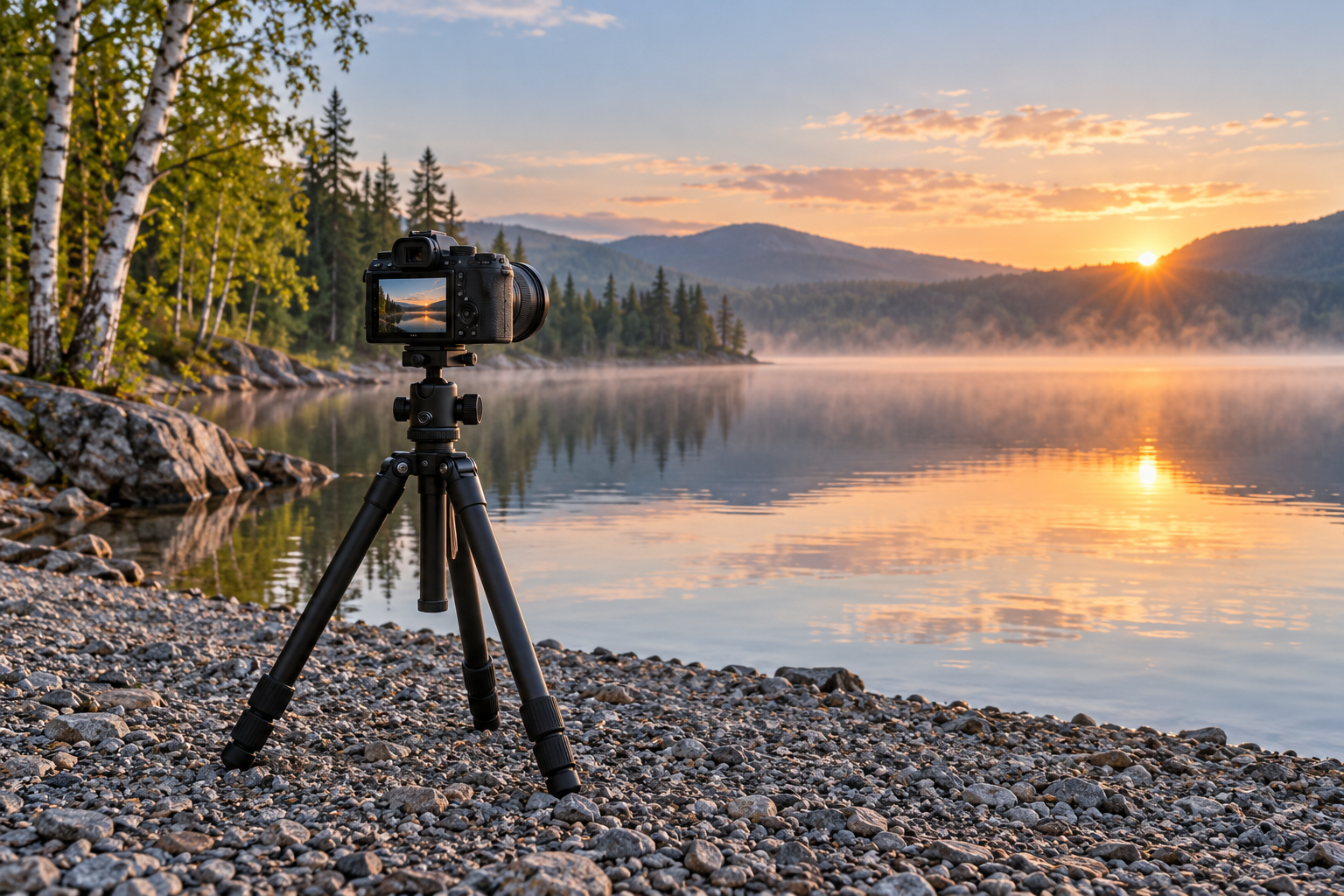 Camera L-Bracket vs Standard Quick-Release Plate: Is Easier Portrait Framing Worth It? A camera on a tripod beside a calm lake at dawn