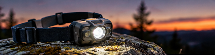 Illuminated headlamp on a rock at sunset