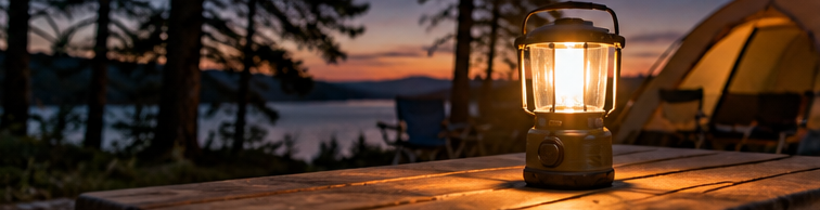 Best Rechargeable Camping Lanterns for Tent and Table Warm glowing camping lantern on a table at dusk