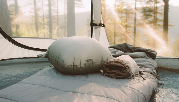 Inflatable camping pillow and packed clothing inside a tent