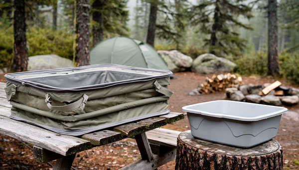 Collapsible Camp Sink vs Plastic Basin for Washing Up Collapsible Camp Sink vs Plastic Basin for Washing Up illustrative photograph