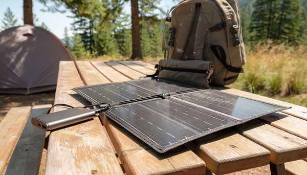 Solar Charger vs Power Bank for Camping: What Is Worth Carrying? Solar charger panel and power bank on a campground table