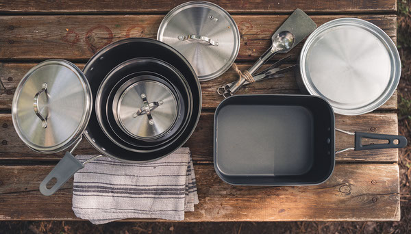Stainless and aluminum camp cooking pots