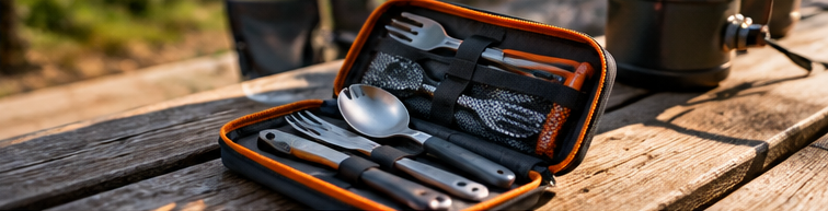 Best Camping Utensil Sets: Minimalist vs Family Kits Compact camp utensil set arranged in its case