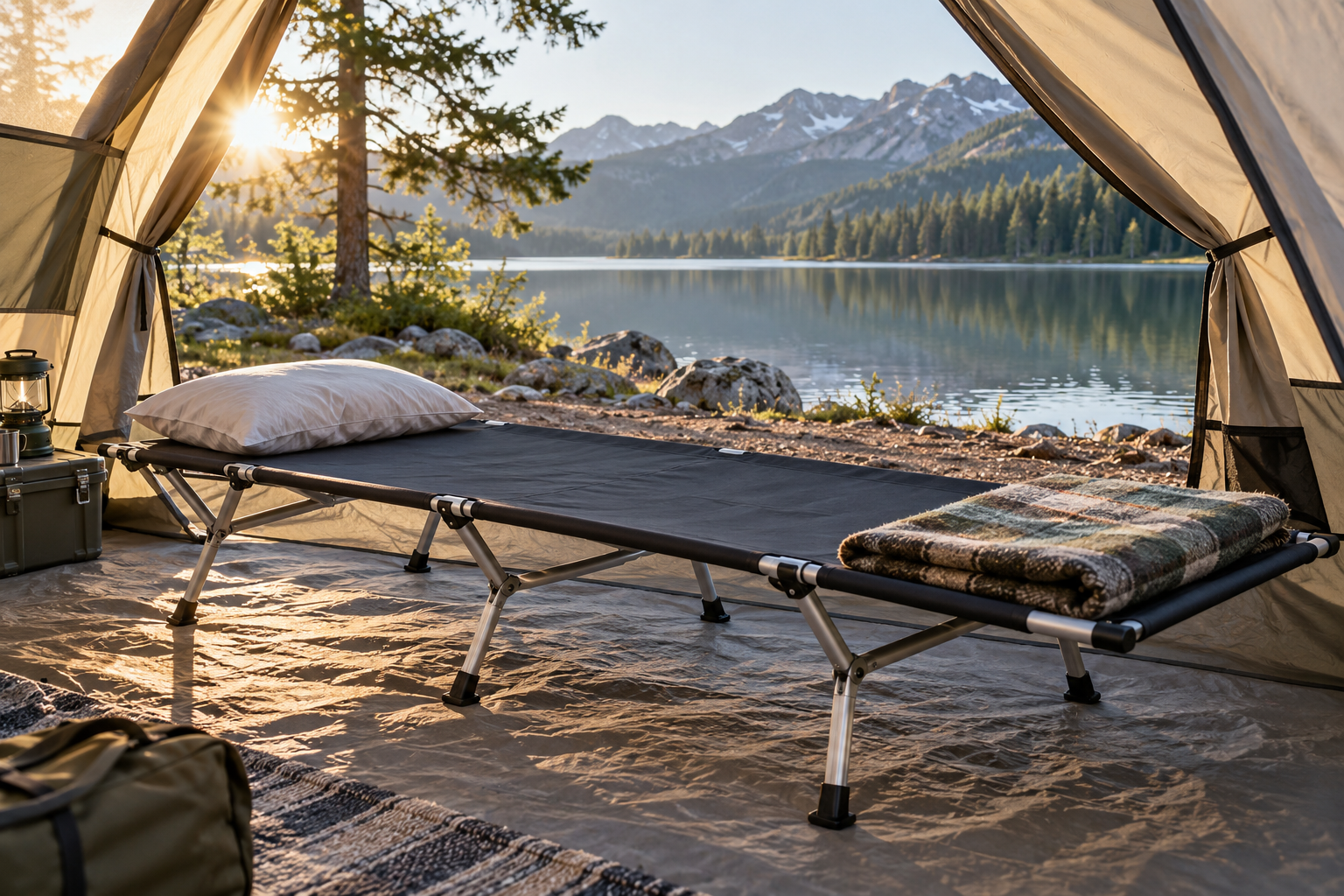 Ultralight vs Standard Camping Cot: When Is the Weight Saving Worth Paying For? Illustrative camping cot with a visible folding support frame inside a tent