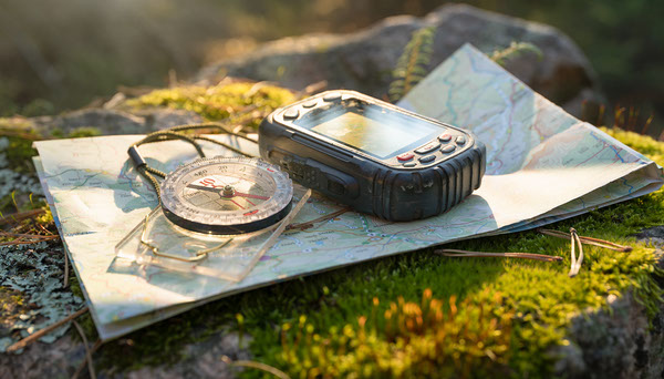 Baseplate compass and handheld GPS device on a topographic map