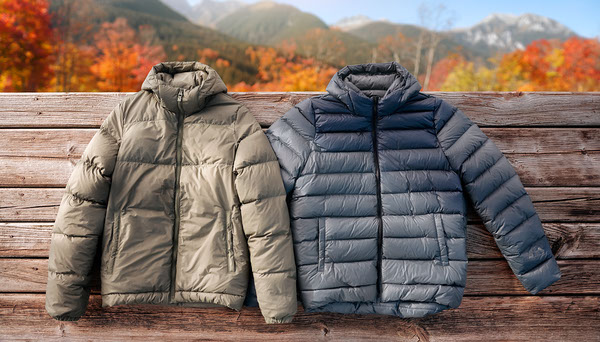 Down Jacket vs Synthetic Insulation for Hiking: Which Is Better? Down and synthetic insulated jackets on a wooden deck