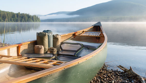 Dry Bag vs Waterproof Pouch for Canoeing and Hiking Dry bags arranged in a canoe at a lake shore