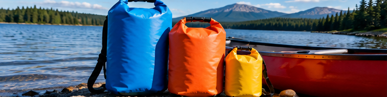 Best Dry Bags for Hiking, Canoeing and Camping: Which Type Is Worth Buying? Three colourful roll-top dry bags at a lakeside campsite beside a canoe