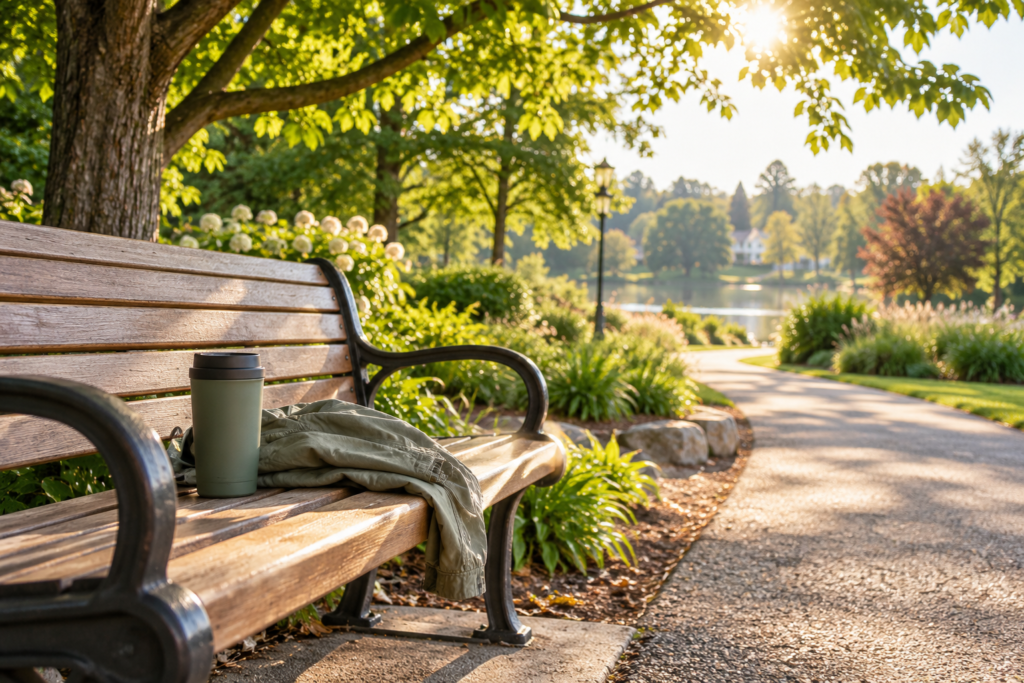 Why It’s Always Time to Get Outside A coffee mug and light jacket on a sunny neighbourhood park bench