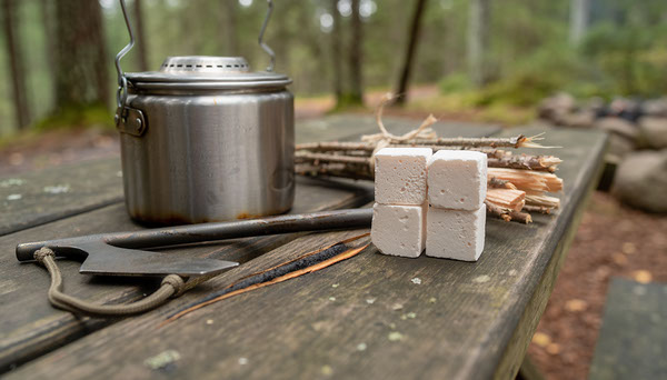 Fire Starter Cubes vs Ferro Rod for Camping Fire Starter Cubes vs Ferro Rod for Camping editorial illustration