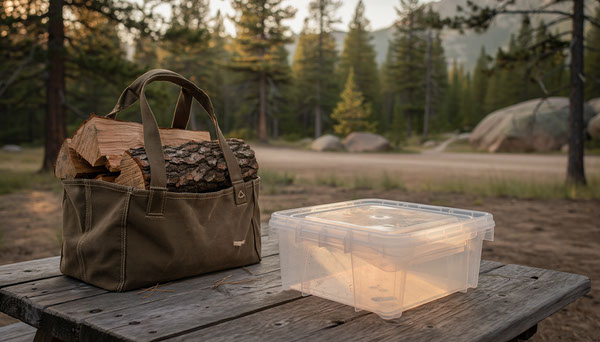 Firewood Carrier vs Storage Tub for Car Camping Firewood Carrier vs Storage Tub for Car Camping editorial photograph