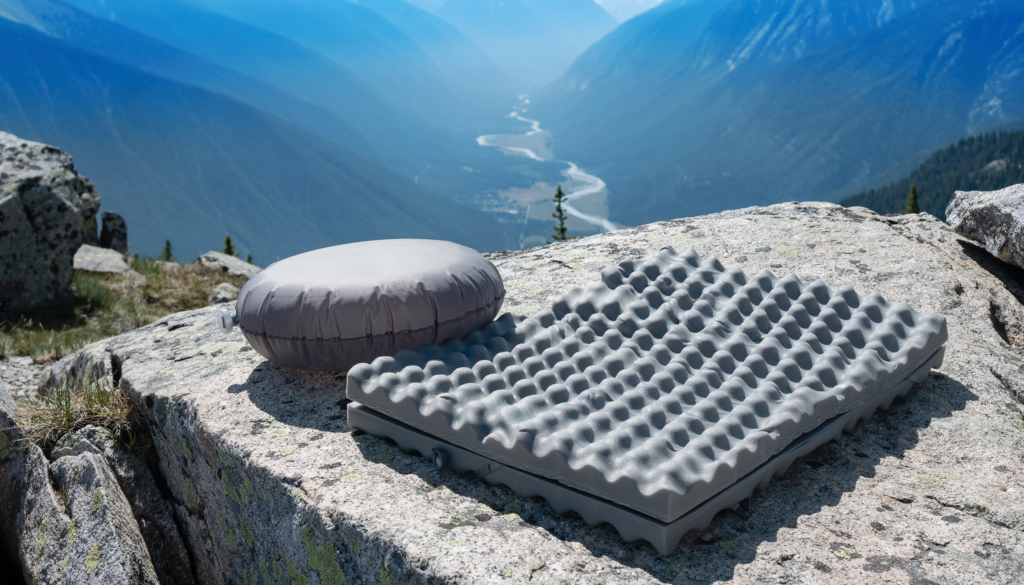 Foam Sit Pad vs Inflatable Seat Cushion for Hiking Foam sit pad and inflatable cushion on a rock