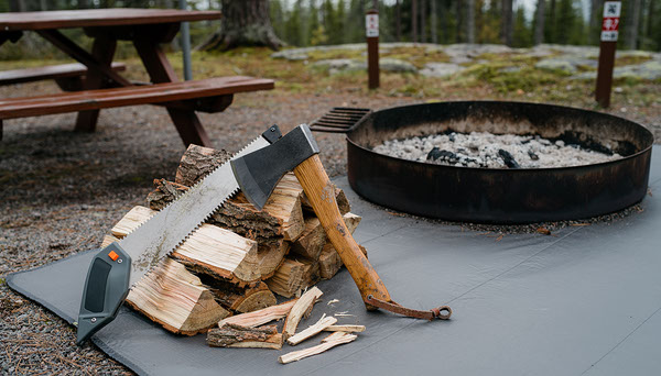 Folding saw and hatchet beside camping firewood