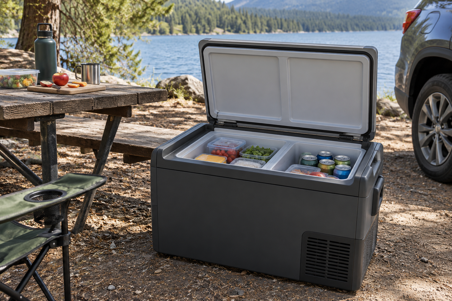 Single-Zone vs Dual-Zone Camping Fridge: Do You Need Two Temperatures? Illustrative portable camping fridge with two compartments at a lakeside campsite