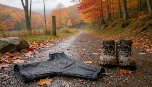 Hiking gaiters and muddy trail boots in woodland