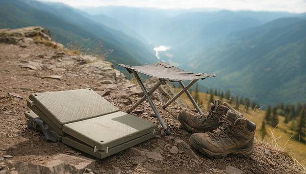 Folding Camp Stool vs Foam Sit Pad for Hikers Foldable foam seat and portable stool near a hiking overlook