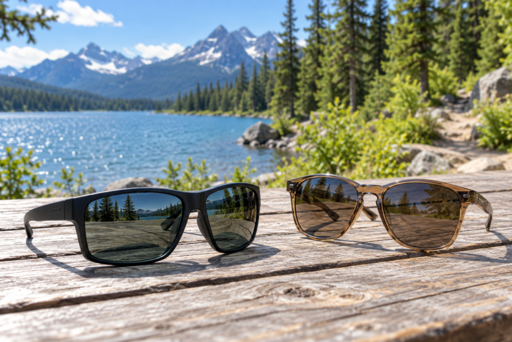 Polarized vs Non-Polarized Sunglasses for Hiking and Lakeside Walks Two unbranded pairs of sunglasses on a picnic table beside a sunny lake