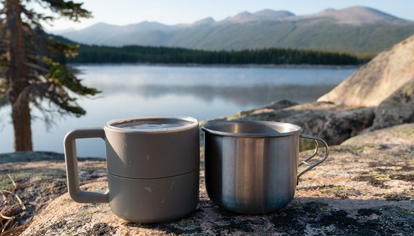 Insulated camping mug and lightweight metal cup overlooking a lake