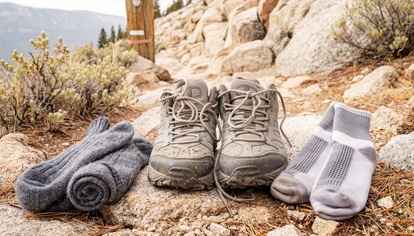 Merino hiking socks and synthetic socks beside trail shoes