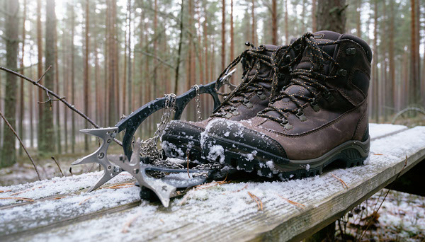 Microspikes vs Winter Traction Cleats for Icy Trails Winter hiking traction devices beside hiking boots