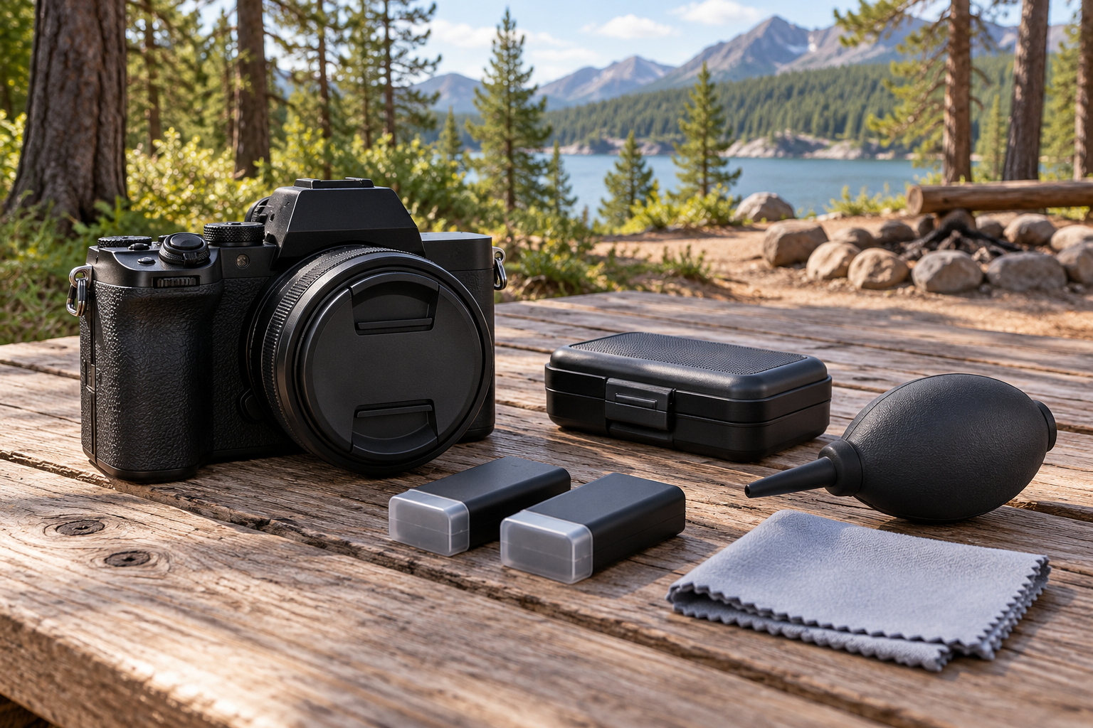 Camera, capped spare batteries, card case, lens blower and cloth on a picnic table