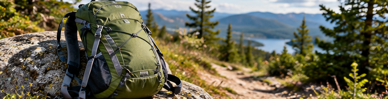 Green hiking backpack resting beside a mountain trail