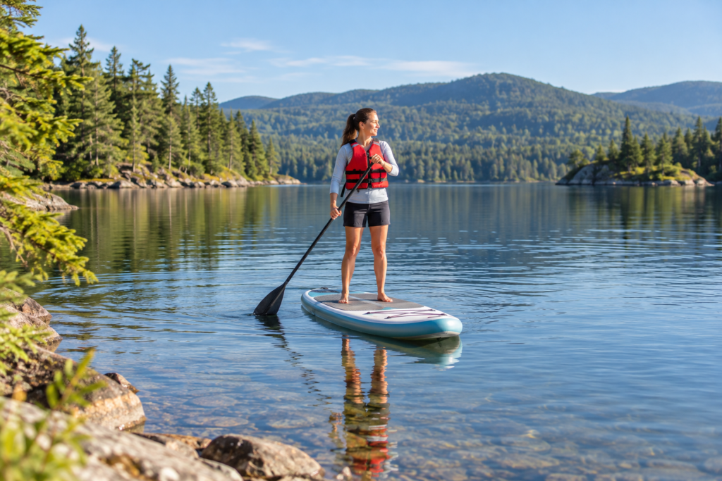 A paddleboarder wearing a red flotation vest on a calm sheltered lake