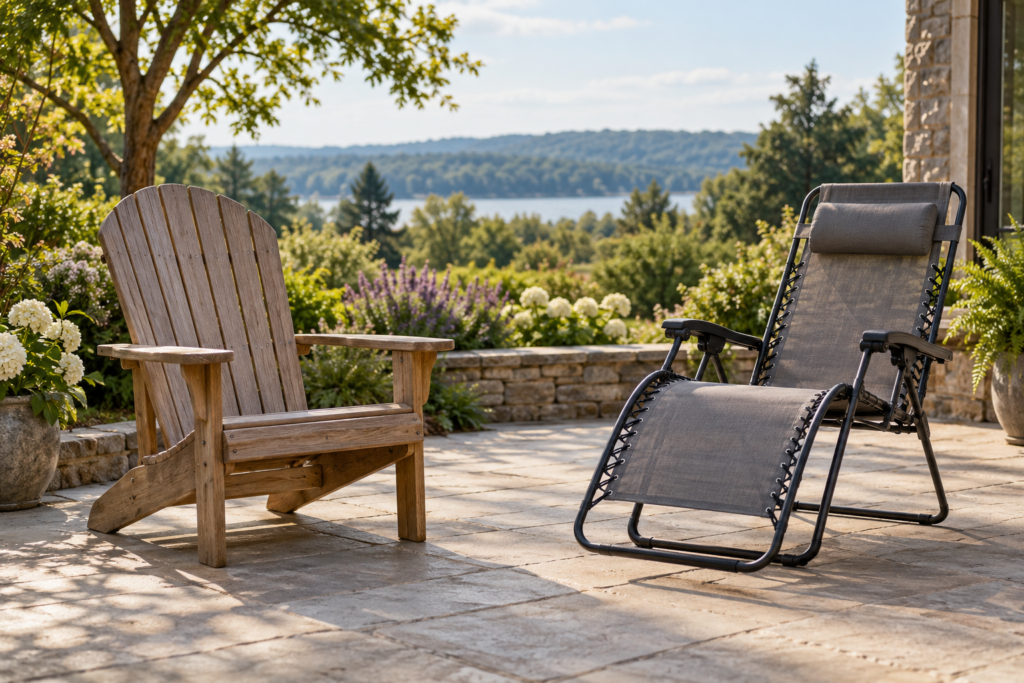 Zero-Gravity vs Adirondack Chair: Which Is Better for Patio Relaxing? Illustrative Adirondack chair and folding recliner on a garden patio