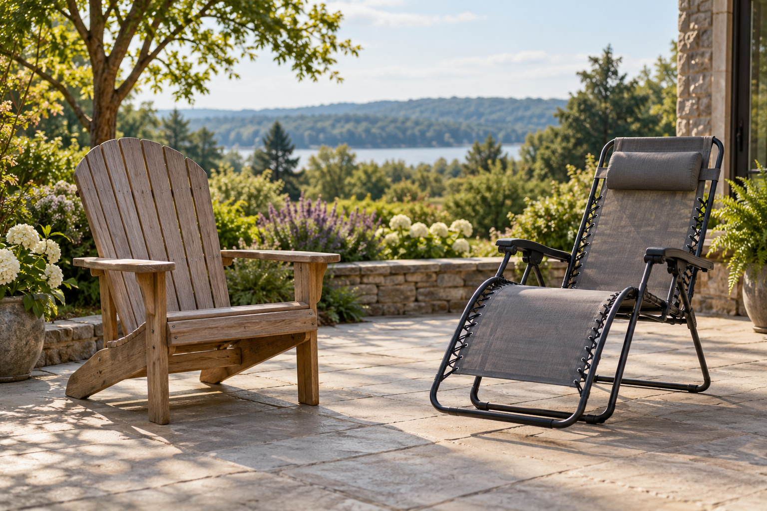 Zero-Gravity vs Adirondack Chair: Which Is Better for Patio Relaxing? Illustrative Adirondack chair and folding recliner on a garden patio