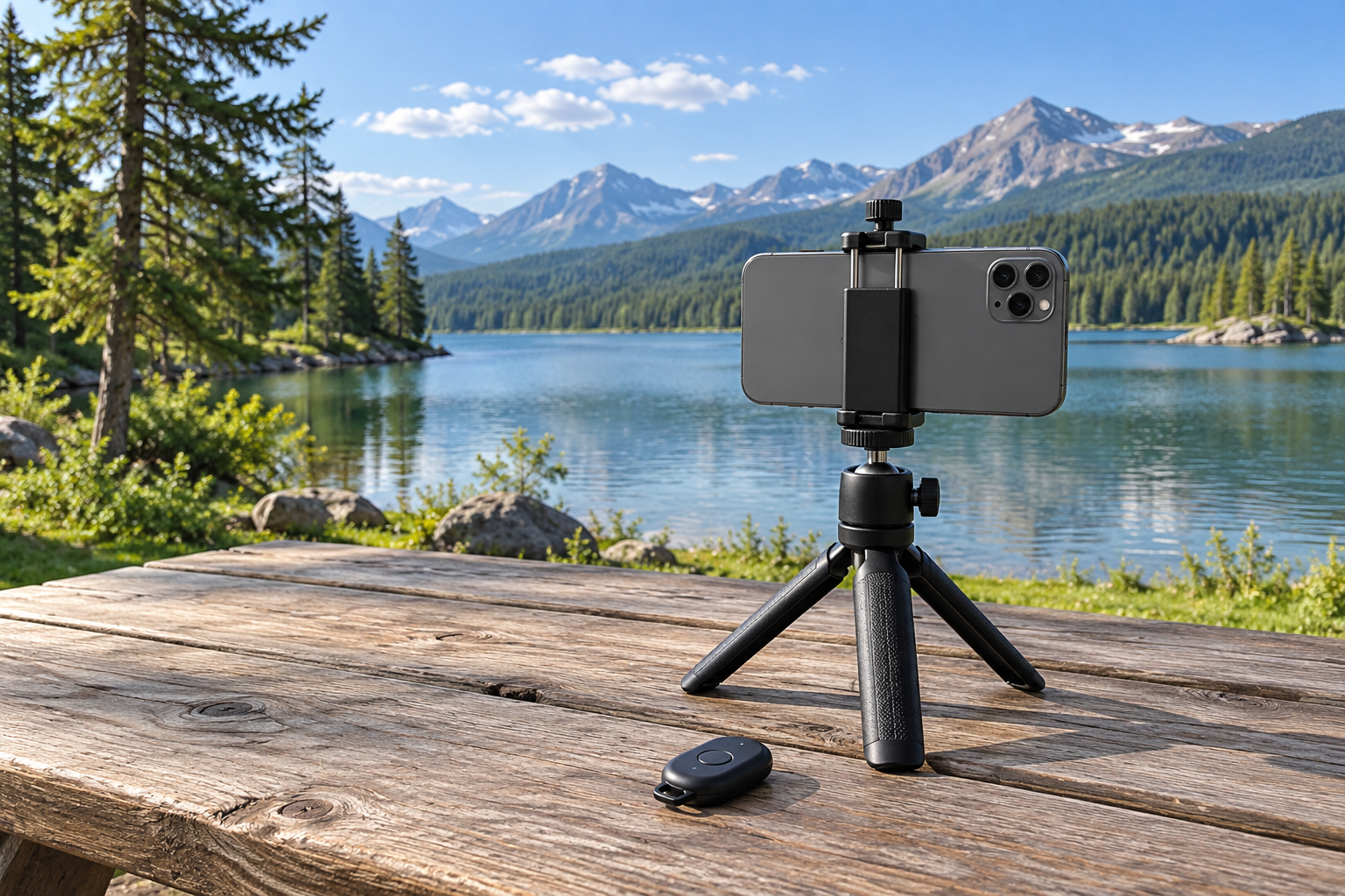 A phone in a clamp on a small tripod with a shutter remote beside a lake