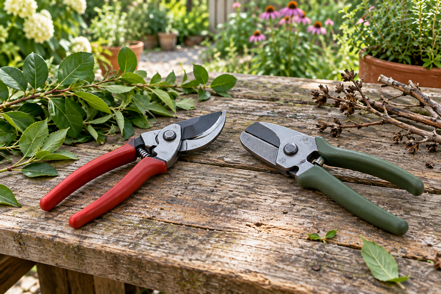Bypass vs Anvil Pruner: Which Garden Tool Should You Buy First? Illustrative hand pruners on a garden potting bench